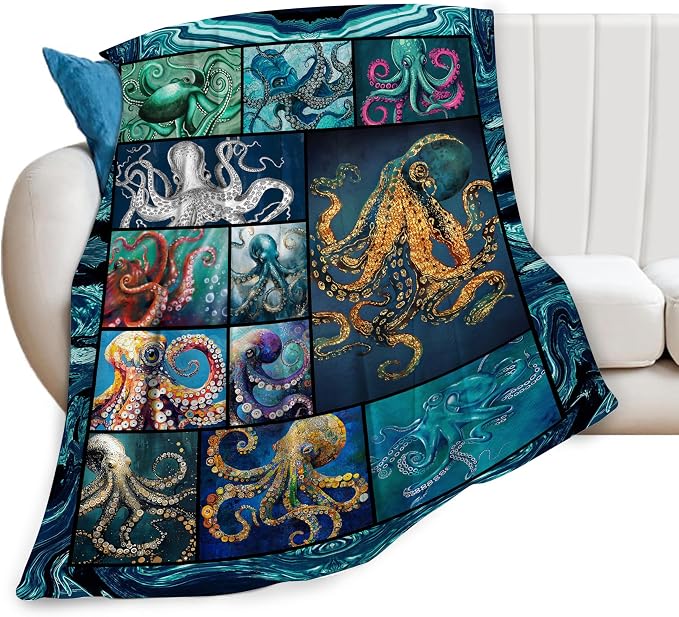 Ocean Octopus Blanket Soft Octopus Flannel Fleece Blanket Cozy Warm Nautical Octopus Stuff Decor Bedding Plush Throw Blanket Octopus Gifts for Lovers Girls Boys Kids Women Adults Bed Travel 50"x60"