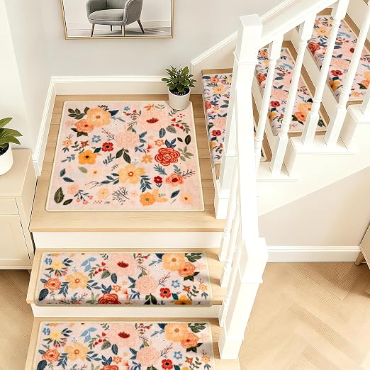 RORA Stair Treads Landing Mat 30"x30" Non-Slip Matching Mat for Wooden Steps Indoor, Bullnose Carpet Stair Floral Stair Rugs Washable Stair Carpet for Pets, Pink, 1pcs