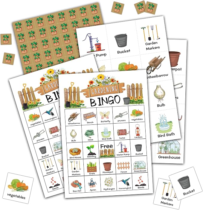 Ycyfckdr Gardening Bingo Cards, 24 Player Garden Tea Party Games, Novel Designs, Adults 18+