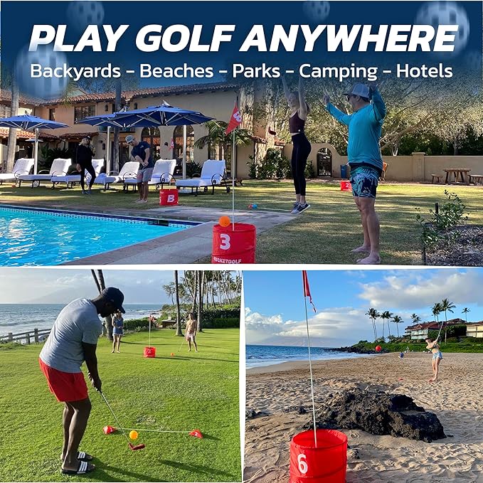 bucketgolf Game 6 Hole Bundle with Clubs - The Best Backyard Golf Game for All Ages and Levels Adults, Kids, Families, Schools, Yards, Parks, Beaches, Vacation. (4 Clubs (4 RH))
