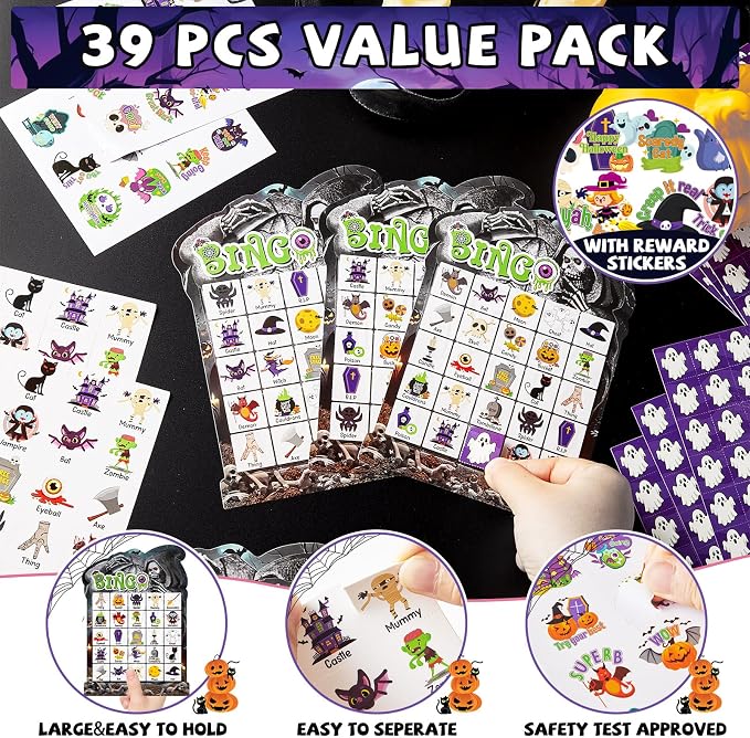 39 Pcs Halloween Party Bingo Game for Adults Kids 24 Players Tomb Shaped Bingo Game Card with Rewards Stickers for Families Friends Students Large Group Gathering Activities Boo Spooky Party Favors