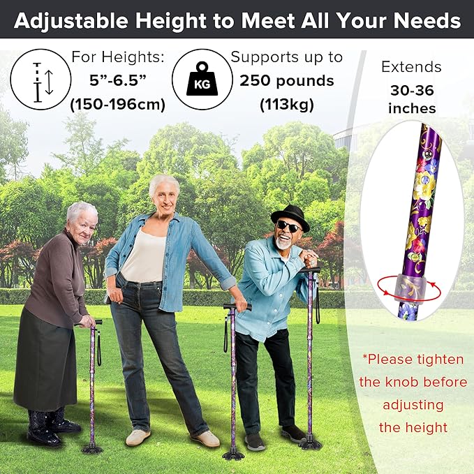 Floral Canes for Women Folding Cane for Stability with Non-Slip Base, Adjustable Walking Cane for Seniors - Lightweight Collapsible Walking Sticks with T & Offset Handle