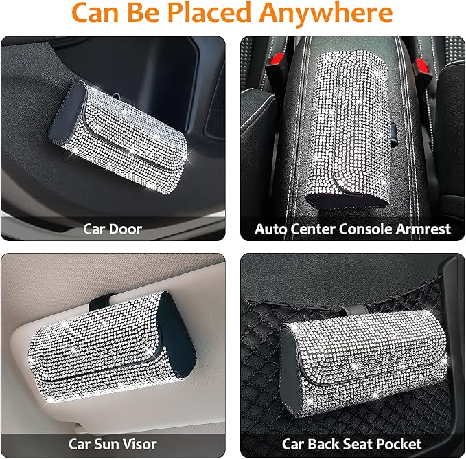 Accmor Bling Sunglasses Holder for Car Sun Visor 2 Pack, Vehicle PU Leather Glasses Storage Case Eyeglasses Organizer Protective Box Sparkling Crystal Car Accessories for Truck, SUV, RV (White)