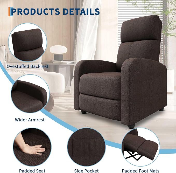 Garvee Recliner Chair for Adults, Lazy Reclining Chair Ergonomic Adjustable Single Sofa Enhanced with Side Pocket, Tall Back, Wide Arms & Padded Seat, Home Theater Seating for Living Room