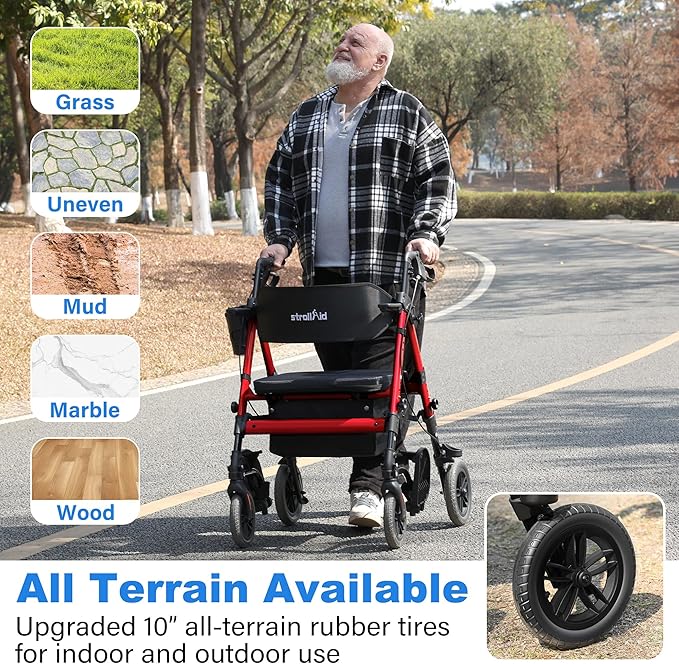Walkers for Seniors,Heavy Duty Rollator Walker Wheelchair Combo, 2 in 1 Rollator Transport Chair with Brakes, 450 lb Rolling Walker 10" Big Wheels for All Terrain, Red
