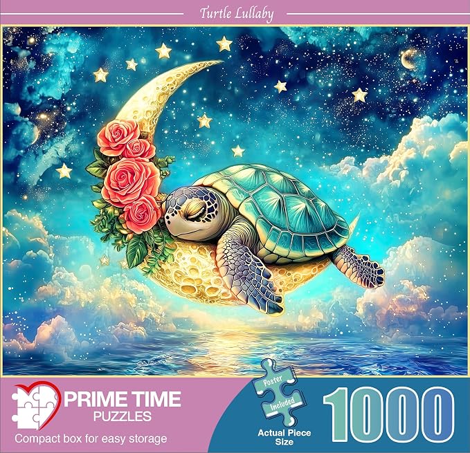 Adult Jigsaw Puzzle 1000 Pieces Sea Turtle | Sleeping turtle on a crescent moon over a cloud covered ocean. Great for game nights on a table, puzzleboard, or floor.