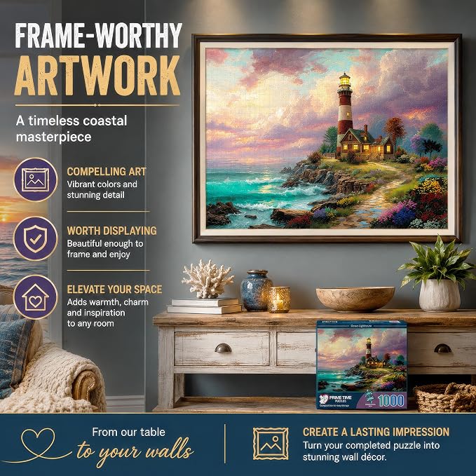 Adult Jigsaw Puzzle – Ocean Lighthouse 1000 Piece | Features a colorful beach sunset lighthouse scene. 20x27 inches — Great for game nights on a table, puzzleboard, or floor.