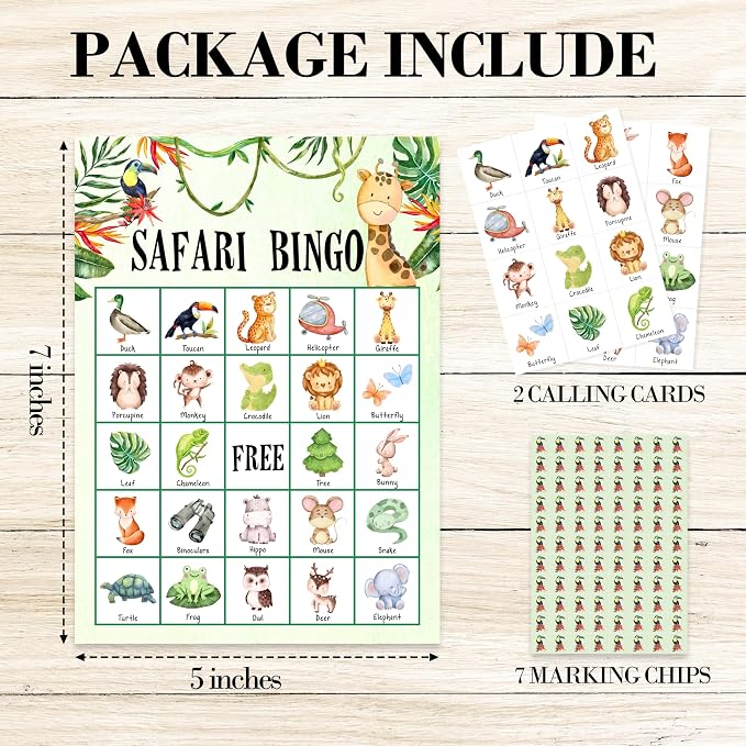 Safari Jungle Bingo Game Cards, Jungle Animals Bingo Games for Adults, Tropical Bingo Cards Supplies, Palm Leaves Birthday Party Decor Favors, Card Gifts for Friends Family Holiday, 06