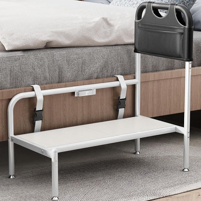 Bed Step Stool for Adults, Bedside Steps for Elderly Seniors with Non-Slip Handle & LED Light, Stable Assist Rail for High Beds with Storage Bag