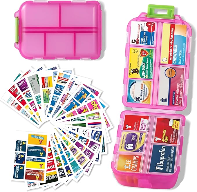 Large Pill Organizer with Medicine Labels - 7 Day Travel Daily Container, Mini Medication Storage Case (Pink, 161 Labels)
