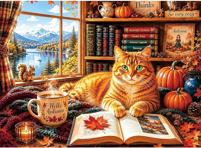 300 Piece Jigsaw Puzzle for Kids & Adults – Cozy Cat Reading Room Scene with Open Book, Vintage Library, Autumn Window View & Warm Home Decor, Family Puzzle Gift for Boys Girls Ages 8+, 20.5 x 15 in
