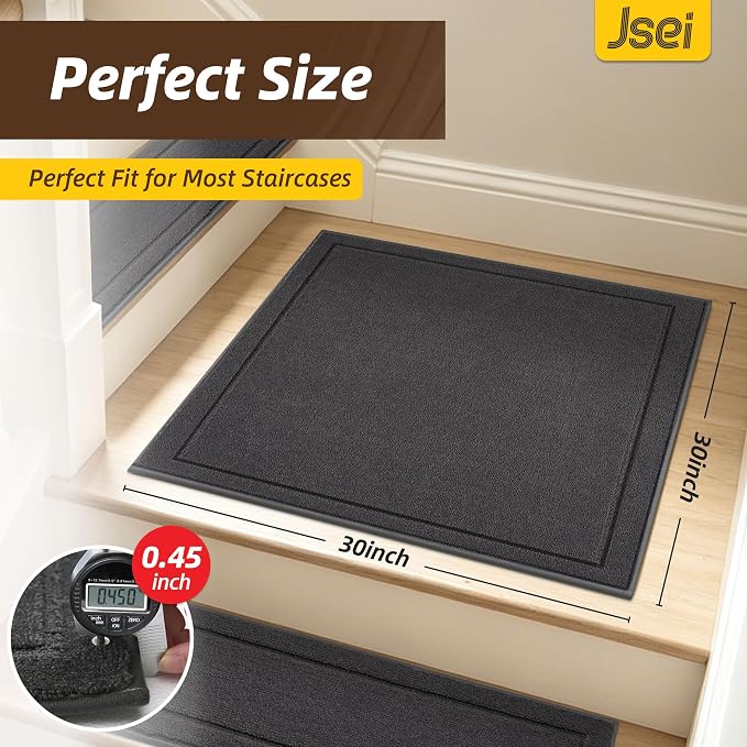 JSEI Non-Slip Stair Landing Rug Mat, 1-Pack 30" X 30", Dark Grey | Edging Stair Treads Corner Indoor Stair Runners for Wooden Steps for Kids and Dogs, 100% Polyester, TPE Backing