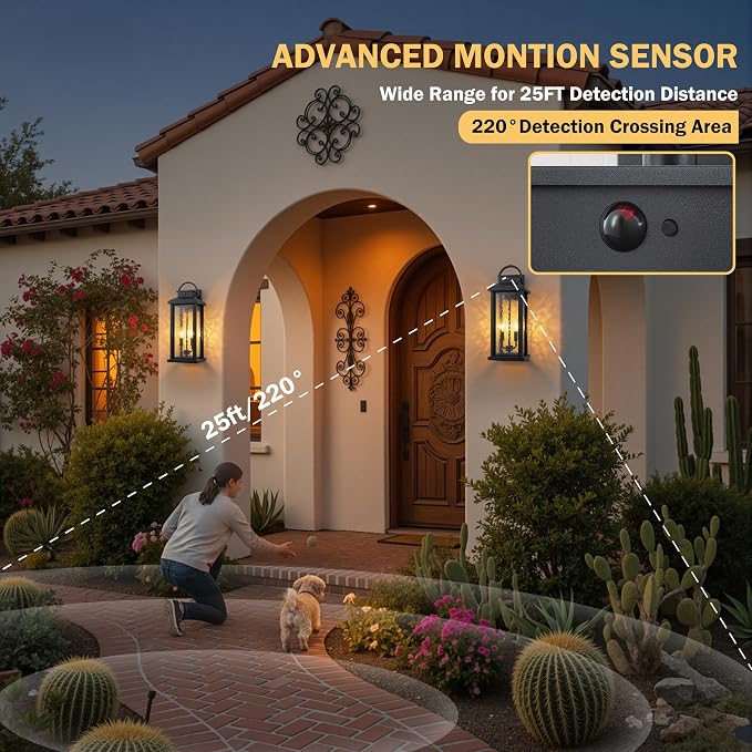 20 Inch Large Motion Sensor Outdoor Wall Lights | Matte Black, 3 Lighting Modes, E12 Sockets, Water Glass, Hardwired, Waterproof Dusk to Dawn Outdoor Lighting For Patio Garage