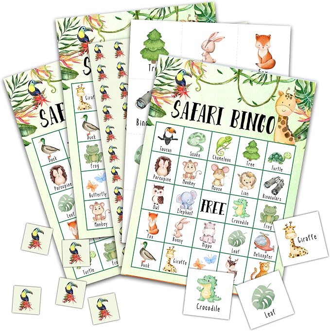Safari Bingo Game Cards 24 Players Jungle Animals Themed Birthday Bingo Game for Adults Family Vacation, Tropical Party Favors Zoo Animal Activities Supplies/04