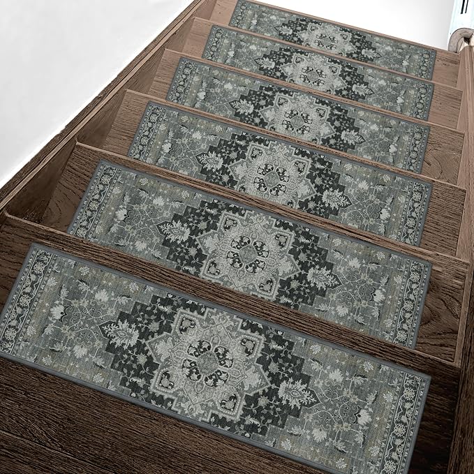 sarben 8"x30" Non Slip Stair Treads for Wooden Steps 15Pk,Black ForestGreen | Peel and Stick Carpet Stair Runner with TPE Adhesive Backing, Carpet for Added Safety, Pet and Senior Friendly