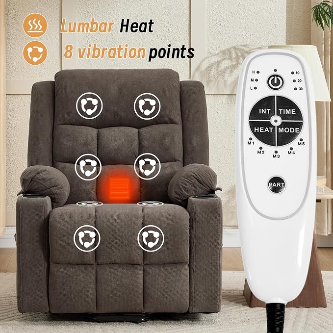 Power Lift Recliner Chair for Elderly Adults with Massage and Heat, Fabric Electric Recliner Sofa with Side Pocket, Two Cup Holders for Living Room L9912 (Brown)