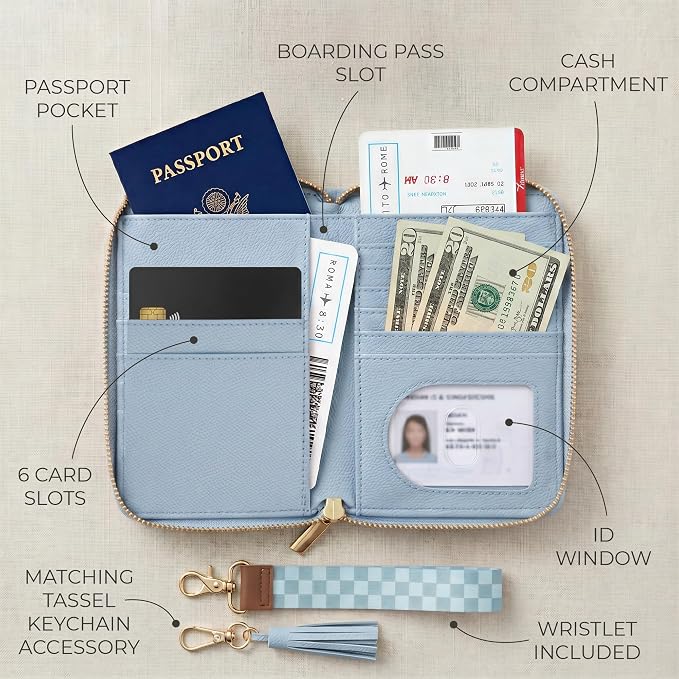 Beautiful Passport Holder And Travel Wallet with Wristlet Strap | All-in-One Organizer for Women Holds up to 4 Passports, w Card Slots and Keychain - RFID Blocking Keeps Documents Safe