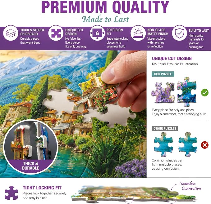 Adult Jigsaw Puzzle 1000 Piece Italian Daydream | Features a woman on a bicycle along the Mediterranean coast in Italy. Finished size is 20x27 inches. Great for game nights.
