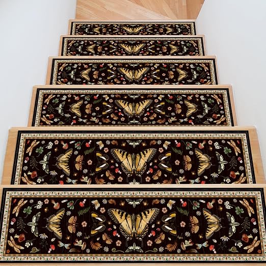 Moth Mushroom Stair Treads 15 Pack Non Slip Washable Stair Runner | 15PCS Moth Runners Non Slip Washable, Forest Mushroom Carpet Stairs, 8x30 Inch Silicone Backing