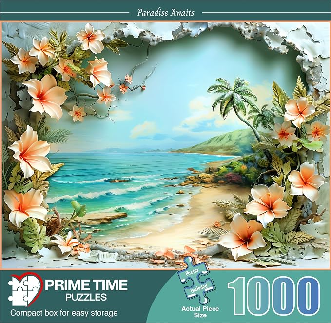 Adult Jigsaw Puzzle 1000 Piece Tropical Beach | Features Hawaii beach scenes in vibrant flowers. 20x27 inches — Great for game nights on a table, puzzleboard, or floor.