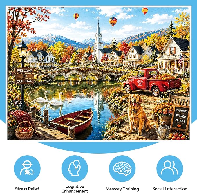 300 Piece Jigsaw Puzzle for Kids & Adults - European Village Puzzle with Lake, Colorful Houses, Bridge & Autumn Landscape, for Boys Girls Ages 8+, 20.5 x 15 in