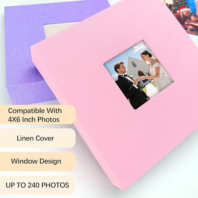 4x6 Photo Album Holds 240 Photos with Writing Space, Linen Cover Picture Book with Front Window for Family Wedding Baby Travel & Graduation Memories, Pink
