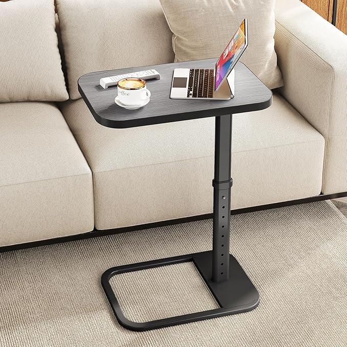 Kitstorack TV Tray Table, Adjustable Height & Rounded Metal Corners, Snack Table for Couch, Sofa, Bed, Chair, Living Room, C Shaped End Side Table for Eating, Dinner or Laptop, Small Spaces, Dark Gray