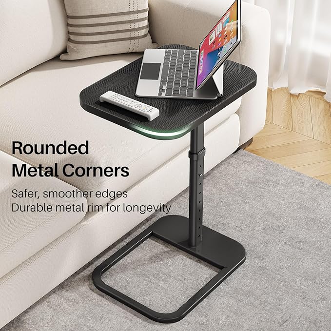 Kitstorack TV Tray Table, Adjustable Height & Rounded Metal Corners, Snack Table for Couch, Sofa, Bed, Chair, Living Room, C Shaped End Side Table for Eating, Dinner or Laptop, Small Spaces, Black