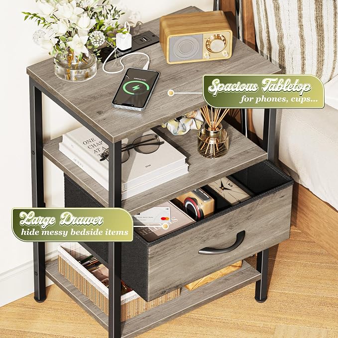 SUPERJARE Nightstand with Charging Station, USB-C Port, Bedside Table | Night Stand for Bedroom, with Adjustable Fabric Drawer, 3-Tier Storage End Table, for Living Room, Oak