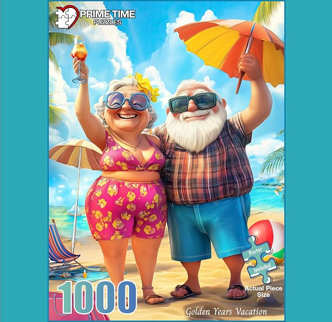 Adult Jigsaw Puzzle 1000 Piece Grandparents Vacation | Funny Beach design makes a great retirement gift for Mom or Dad. Great for game nights on a table, puzzleboard, or floor.