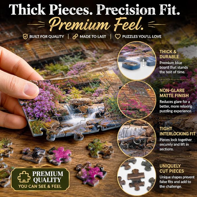 Adult Jigsaw Puzzle Mountain Cabin Waterfall | 1000-piece nature landscape photograph set in a forest. 20x27. Great for game nights on a table, puzzleboard, or floor.