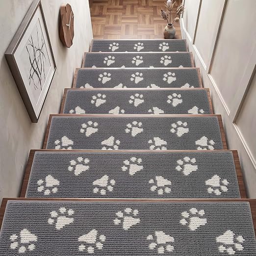 DEXDE Stair Treads for Wooden Steps Non-Slip 15pcs Stair Runner, Grey | Non Slip Backing Carpet Stair Treads Indoor, Soft Washable 30"x8" Stair Rug Self-Adhesive Staircase Rugs for Kids Pets Elders