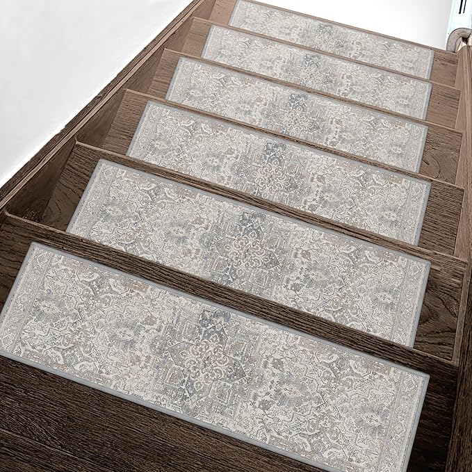 sarben 8"x30" Non Slip Stair Treads for Wooden Steps 15 Pack, Khaki Blue | Peel and Stick Carpet Stair Runner with TPE Adhesive Backing, Carpet for Added Safety, Pet and Senior Friendly