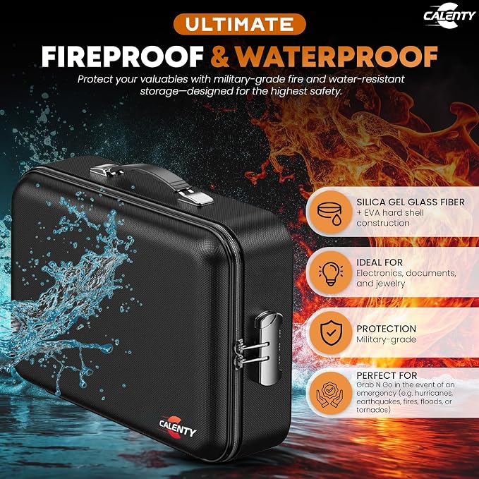 Fireproof Document Box (Hard Shell) with Lock, 8GB USB & Waterproof Zipper, 12-Layer Portable File Organizer for Important Documents, Certificates, Laptop & Passports (Black)