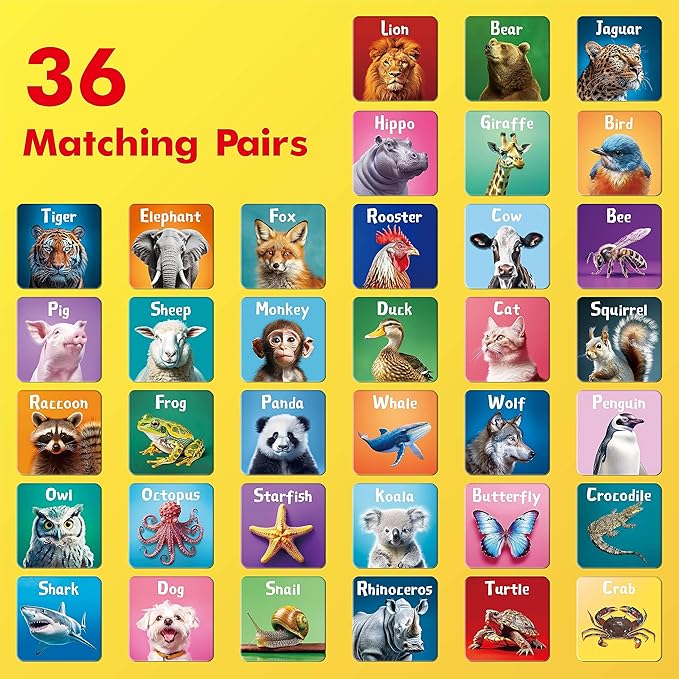 Hebayy 72 PCS Memory Matching Game, Real Animal Matching Cards for Toddlers 36 Pairs Memory Cards for Preschool 4 5 6 Years Old