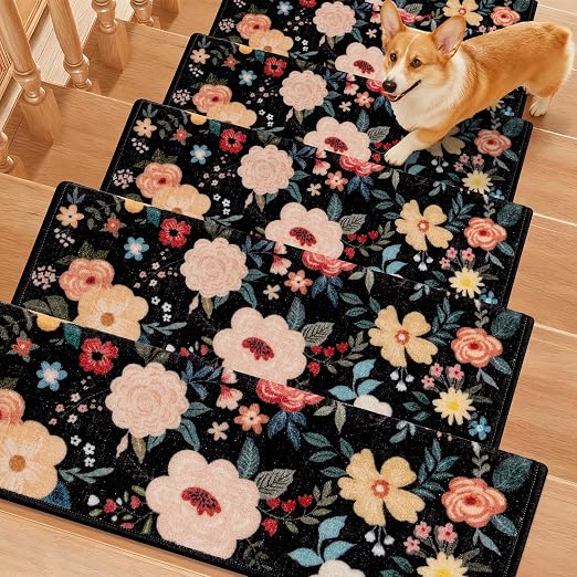 RORA Bullnose Stair Treads for Wooden Steps, Non Slip Stair Carpet 7pcs | Washable, Self-Adhesive, Floral Stair Rug Runner with Edge Protection for Indoor, Pets & Elder, 29.5 x 9.5x 1.7, Black