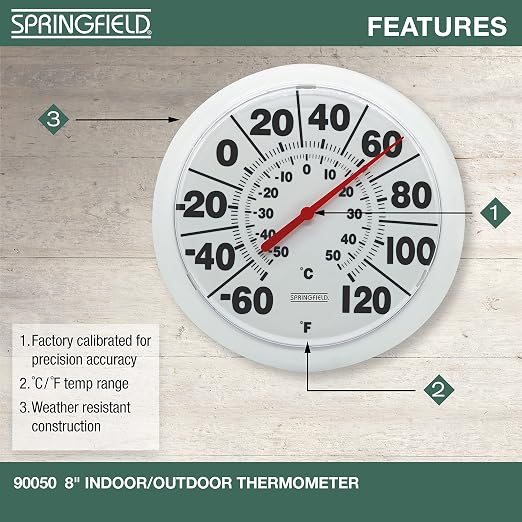 Springfield Indoor Outdoor Big and Bold Dial Thermometer, Wireless Thermometer with Easy to Read Large Numbers for Patio, Pool, and Indoor Areas, 8-Inch, White