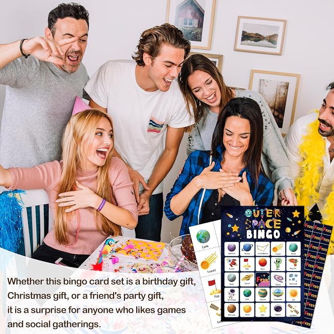 Outer Space Party Bingo Card, Solar System Birthday Bingo Game for Adults Family Friends, Astronomy Games Set for Birthday Party, Holiday Games for 24 Players -04