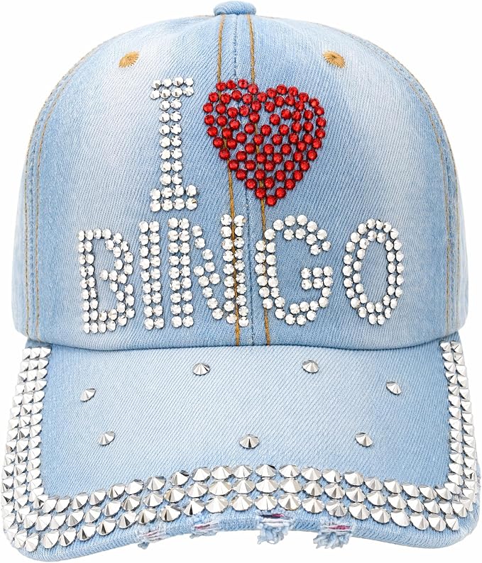 Popfizzy Bedazzled Hat for Women, Rhinestone Denim Hat, Fun Adult Bling Hats, Birthday Gifts for Women, Adjustable, One Size