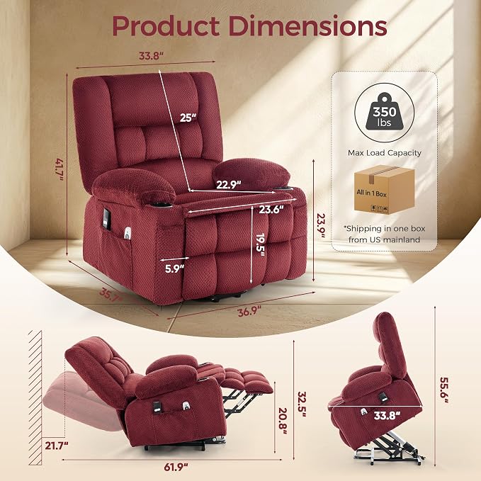 Power Lift Recliner Chair for Elderly, Electric Reclining Lift Chair with Massage and Heating, Comfy Overstuffed Recliner Single Sofa with Cup Holders,Pockets,USB Charge Port for Living Room,Burgundy
