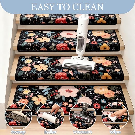 RORA Bullnose Stair Treads for Wooden Steps, Non Slip Stair Carpet 2pcs | Washable, Self-Adhesive, Floral Stair Rug Runner with Edge Protection for Indoor, Pets & Elder, 29.5 x 9.5x 1.7, Black