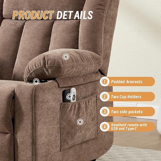 Power Lift Recliner for Elderly,Electric Recliner Chair with Massage & Heating for Adults, USB Charging, Cup Holders, Side Pocket, Living Room Sofa L1288 (Brown)