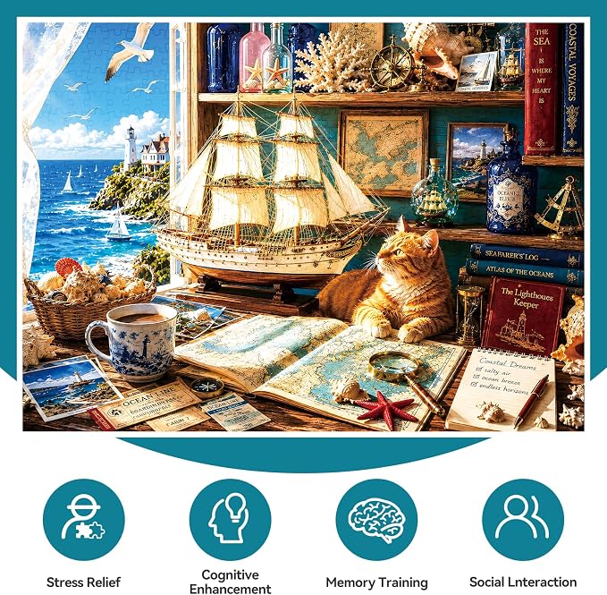 300 Piece Jigsaw Puzzle for Kids & Adults – Nautical Ocean Puzzle with Sailboat, Lighthouse, Cat and Vintage Coastal Room Scene, Family Game Puzzle Gift for Boys Girls Ages 8+, 20.5 x 15 in