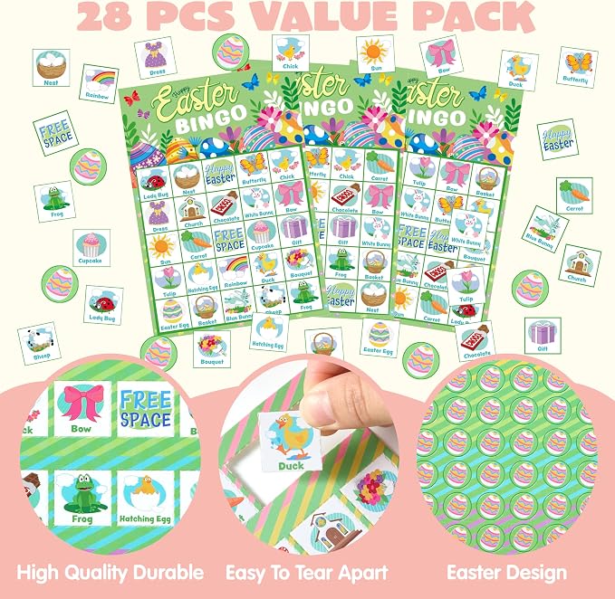 JOYIN 28 Players Easter Bingo Cards (5x5) for Easter Party Goodies Games, Kids School Classroom Gift, Indoor Family Activities, Basket Filler Stuffers