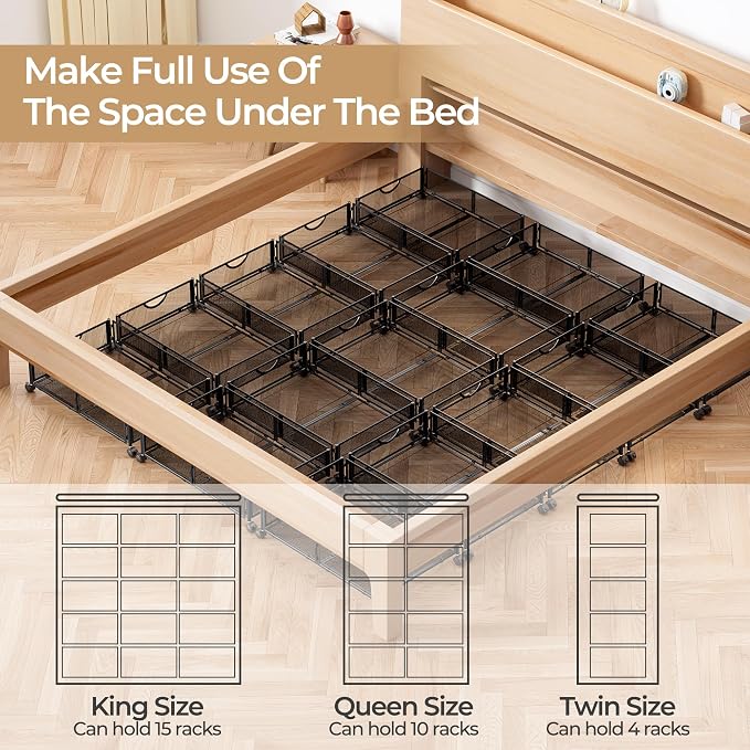 Yecaye Under Bed Storage with Wheels, 4 Pack Under Bed Shoe Storage Organizer Drawer, Tool-free Assembly Metal Underbed Storage Containers for Clothes, Shoes, Toys, Black