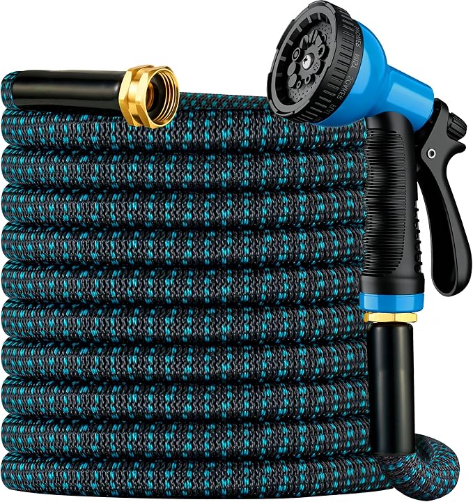 Expandable Garden Hose 100 ft with 10 Function Spray Nozzle, Flexible, Kink Free, Leak-Proof, Ultra Lightweight Retractable Stretch Water Hose 100ft for Yard, Lawn, Car Wash and Outdoor(Black & Blue)