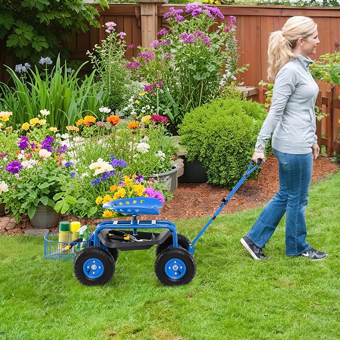 Garden Seat with Wheels, Rolling Stool with Extendable Handle, Storage Basket & Tool Tray, Garden Scooter with 360 Degree Swivel Seat for Outdoor & Yard (Blue)