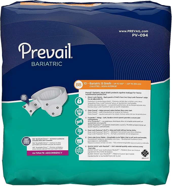 Prevail Bariatric Ultimate Absorbency Incontinence Briefs, Size B, 10 Count