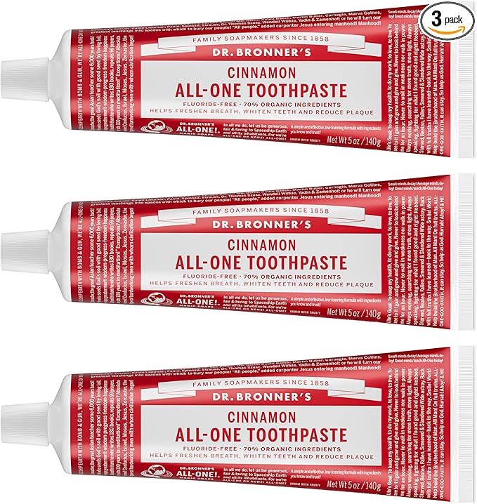 Dr. Bronner’s All-One Toothpaste– Cinnamon, 5 oz, 3-Pack– Fluoride-Free Toothpaste for Adults, SLS-Free, 70% Organic & Natural Ingredients, Vegan, Helps Freshen Breath, Reduce Plaque, Whiten Teeth