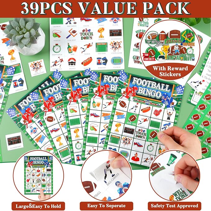 Lonfliness 39Pcs Football Bingo Game for Adults 24 Players American Football Bingo Game Cards with Reward Stickers for Family Friends Large Group Activities Sports Theme Birthday Party Favors